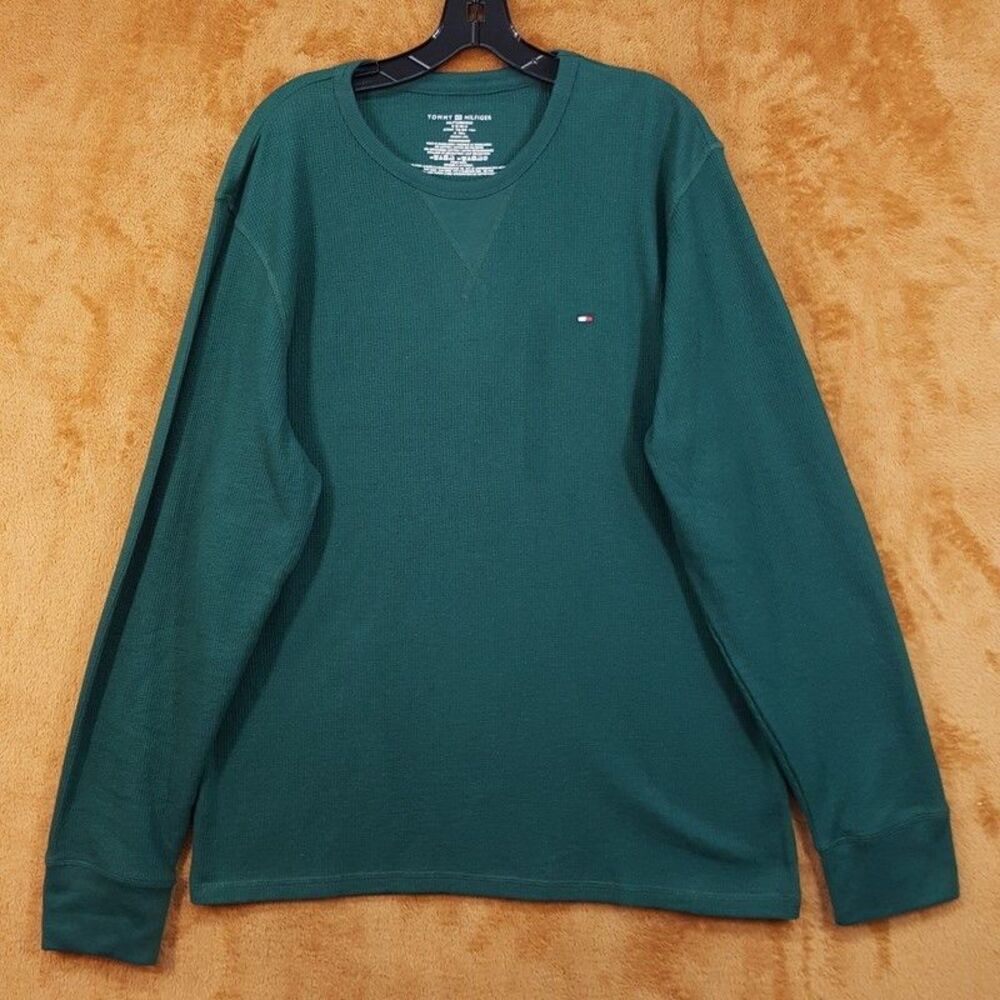 TOMMY HILFIGER Shirt Mens XL Green Pullover Thermal Waffle Knit Casual Logo